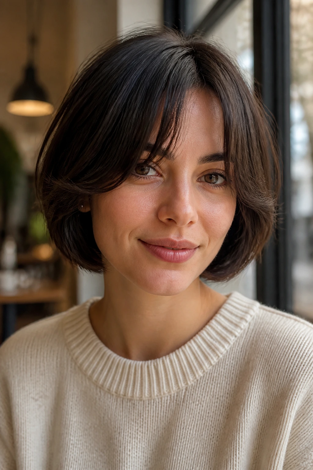 Close-up portrait of a woman with curtain bangs and bob in window light