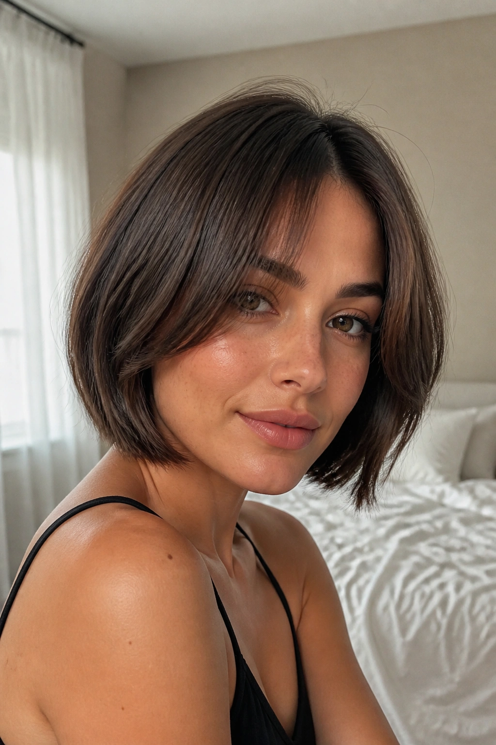 Close-up of curtain-bang bob on a real person