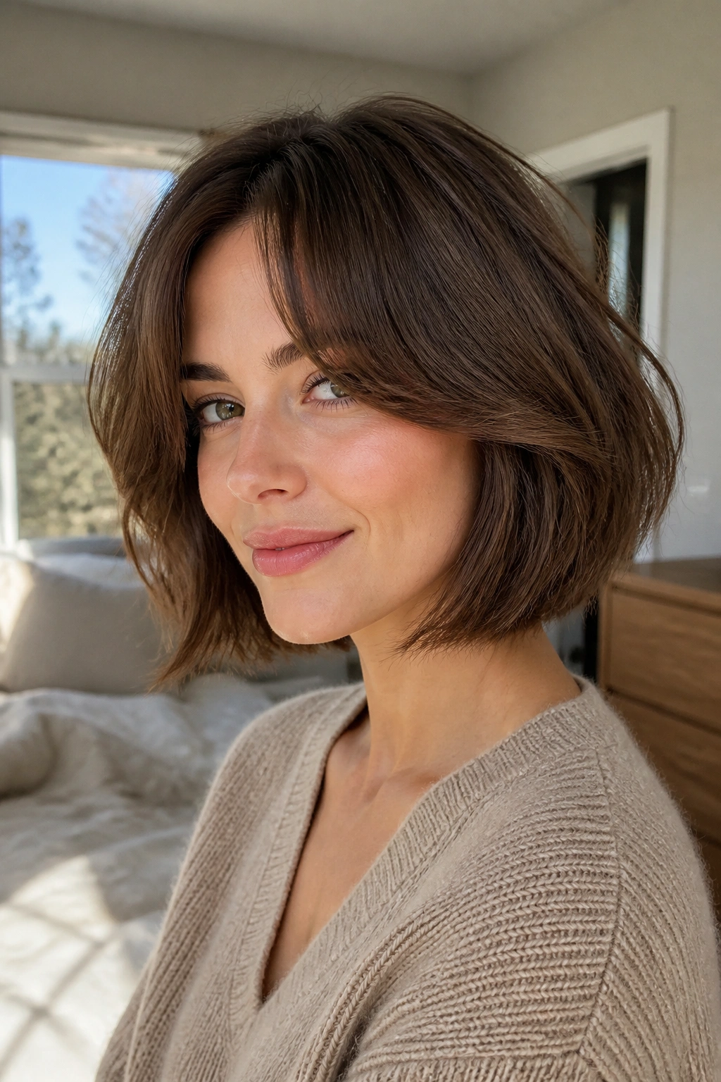 Close-up of a real woman wearing curtain bang bob with soft graduation.