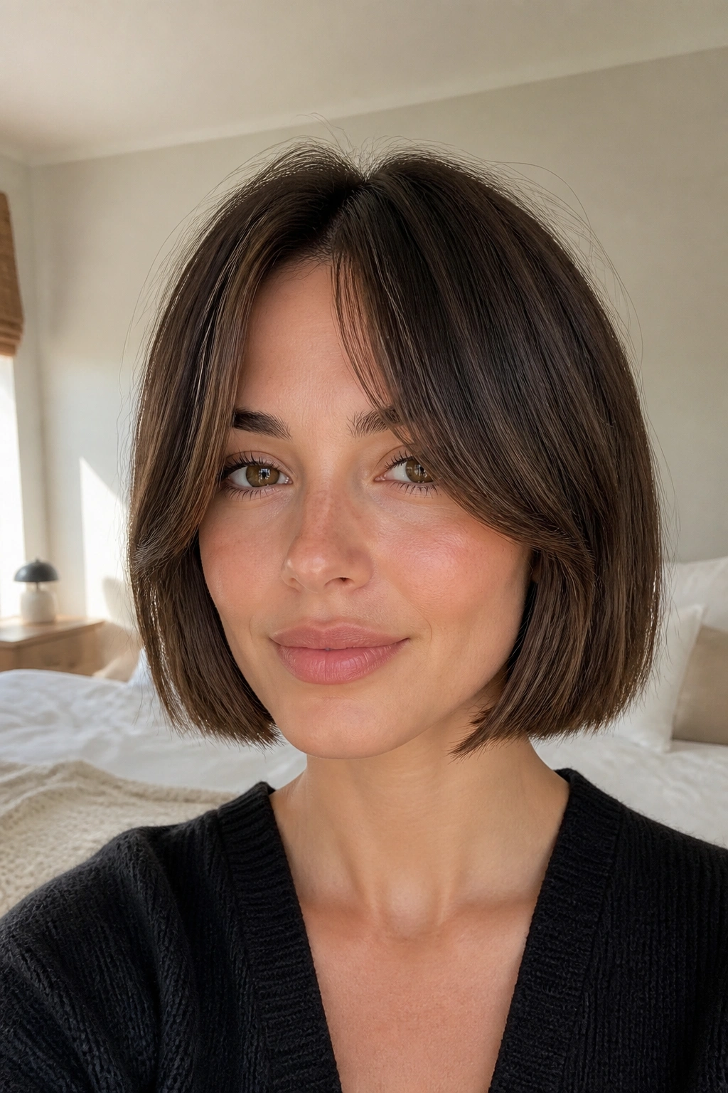 Close-up of a real woman with curtain bangs in a bright bedroom