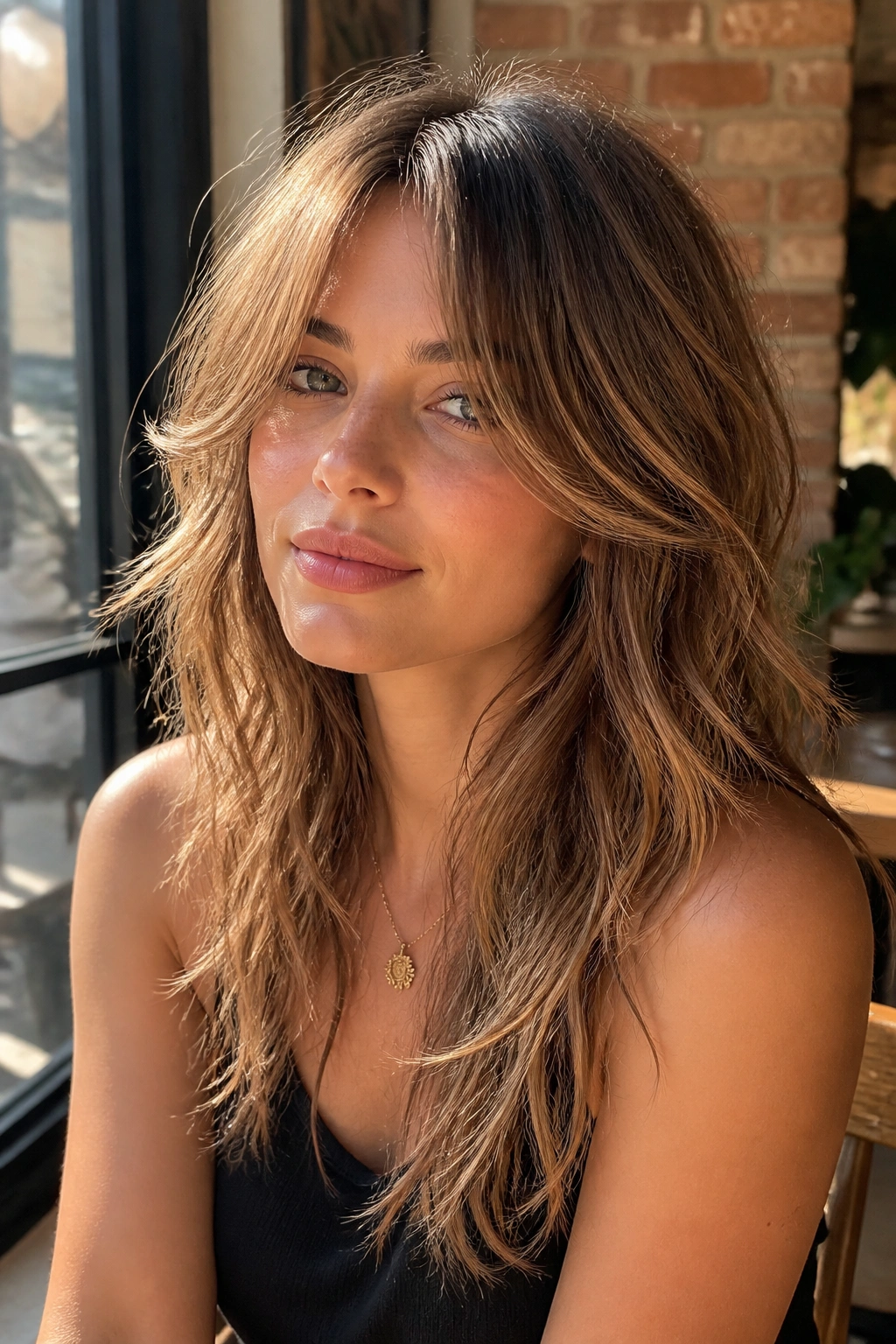 Portrait of a woman with curtain bangs in warm cafe window light