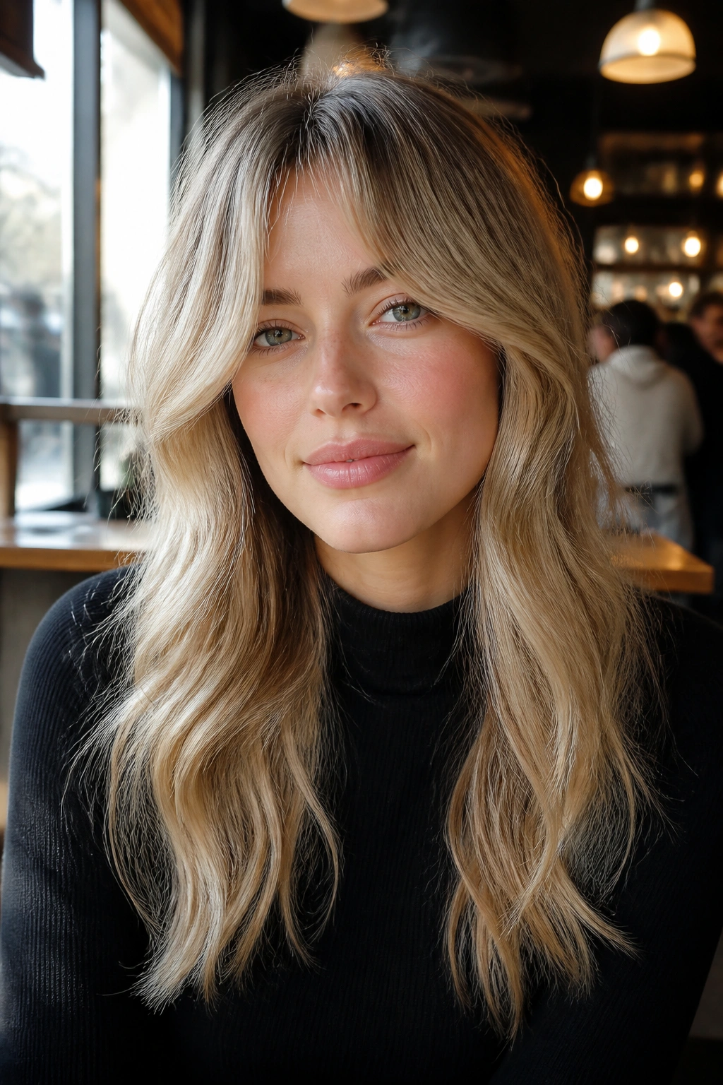 Close-up of a real person with curtain bangs in champagne blonde, framing the face