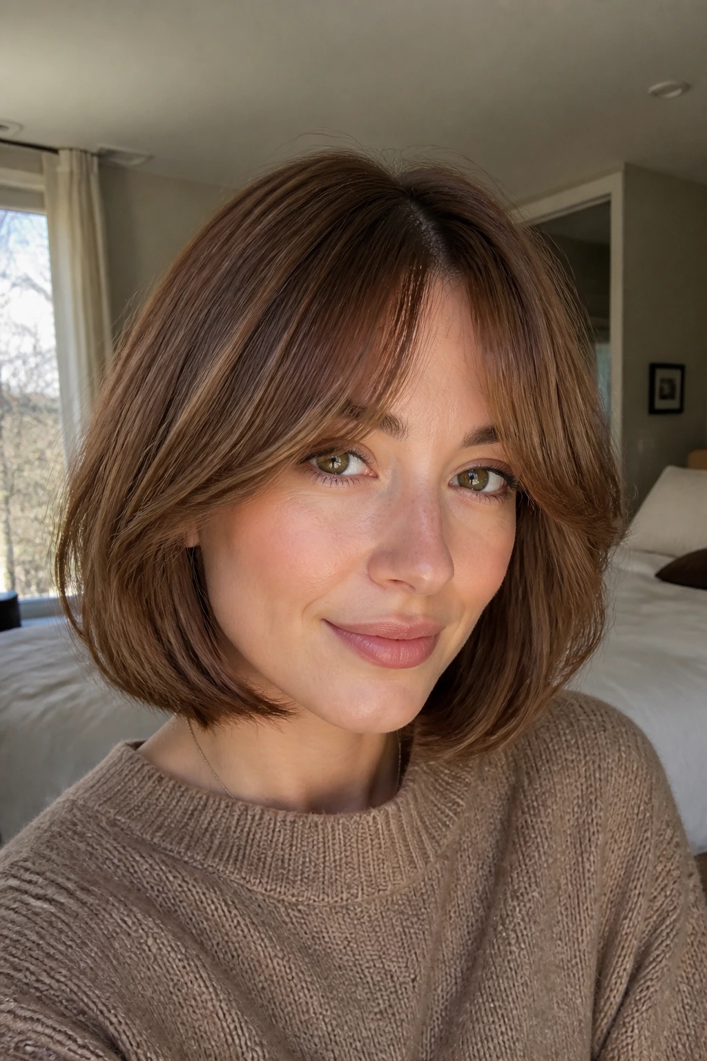 Close-up of a real woman with curtain bangs and warm chestnut bob.