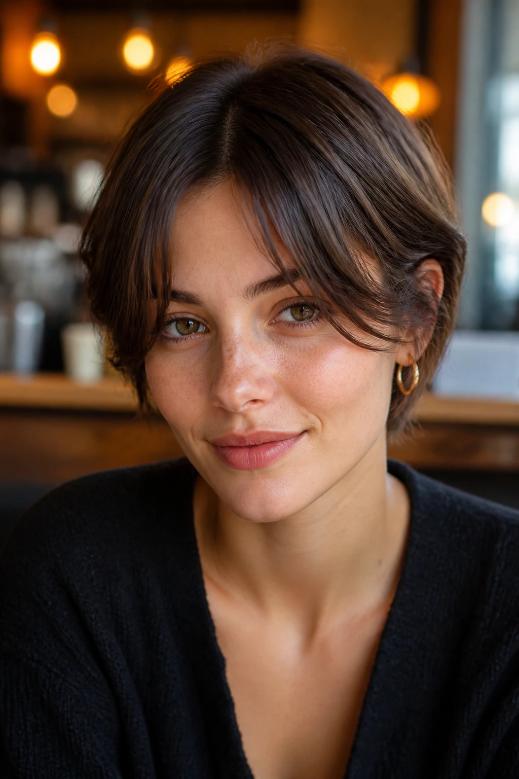 Close-up portrait of a real woman with curtain bangs in a middle part