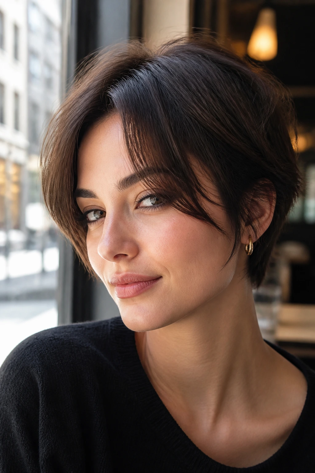 Portrait of a woman with Curtain-Bang Crop haircut showing soft curtain bangs