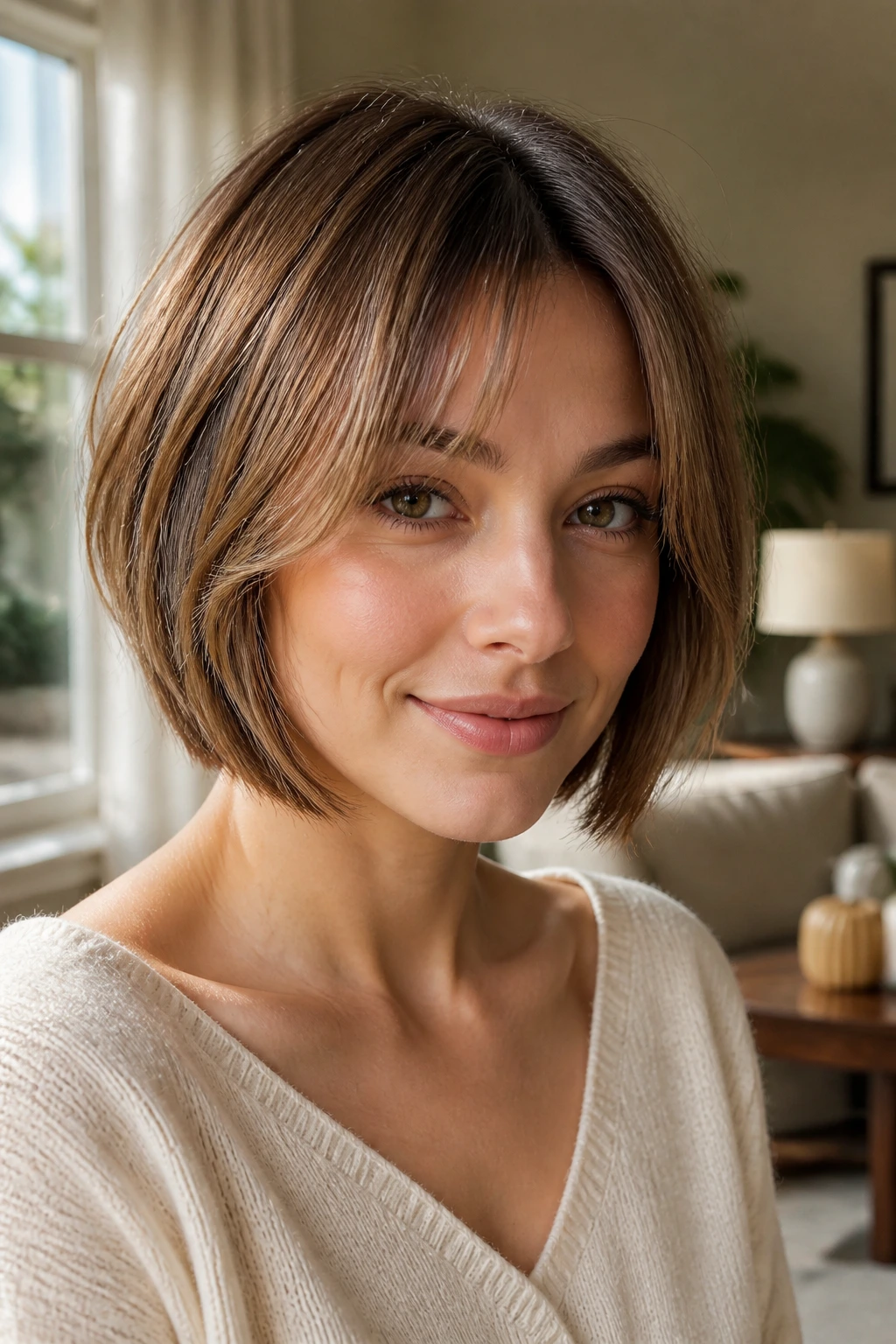 Close-up portrait of a real woman with curtain bang graduated bob