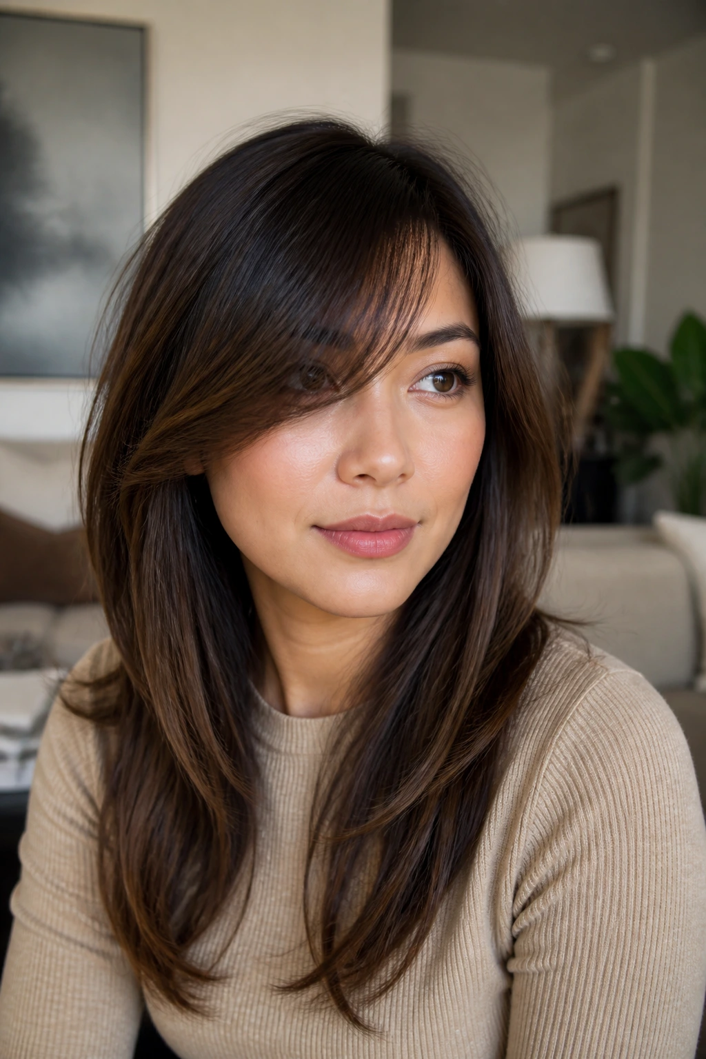 Close-up portrait of a real woman with curtain-bang hybrid fringe