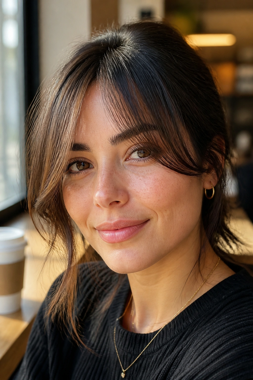 Close-up portrait of a woman with curtain-bang hybrid and side sweep in cafe lighting