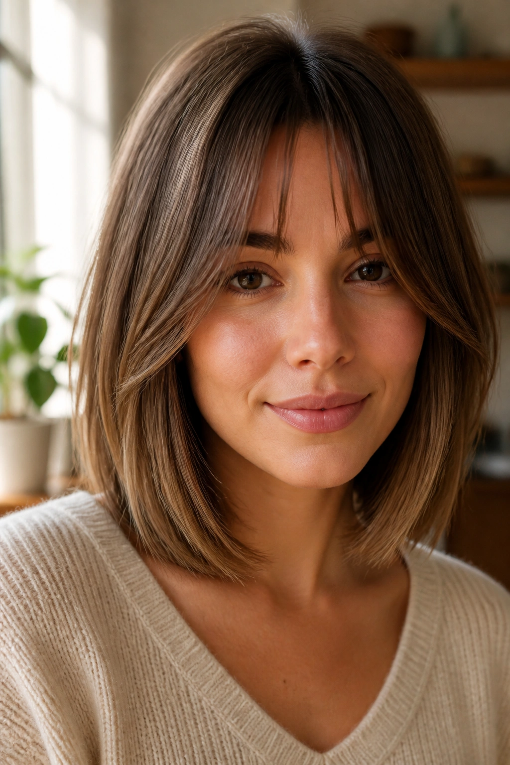 Real woman with curtain bangs blending into a straight lob in a warm home setting