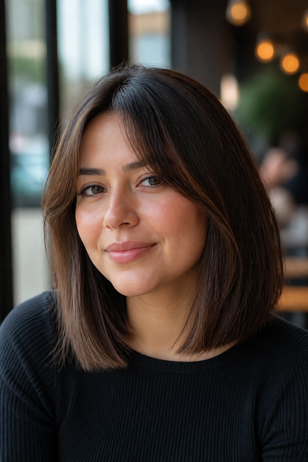Close-up of a real person with curtain bangs and a lob haircut