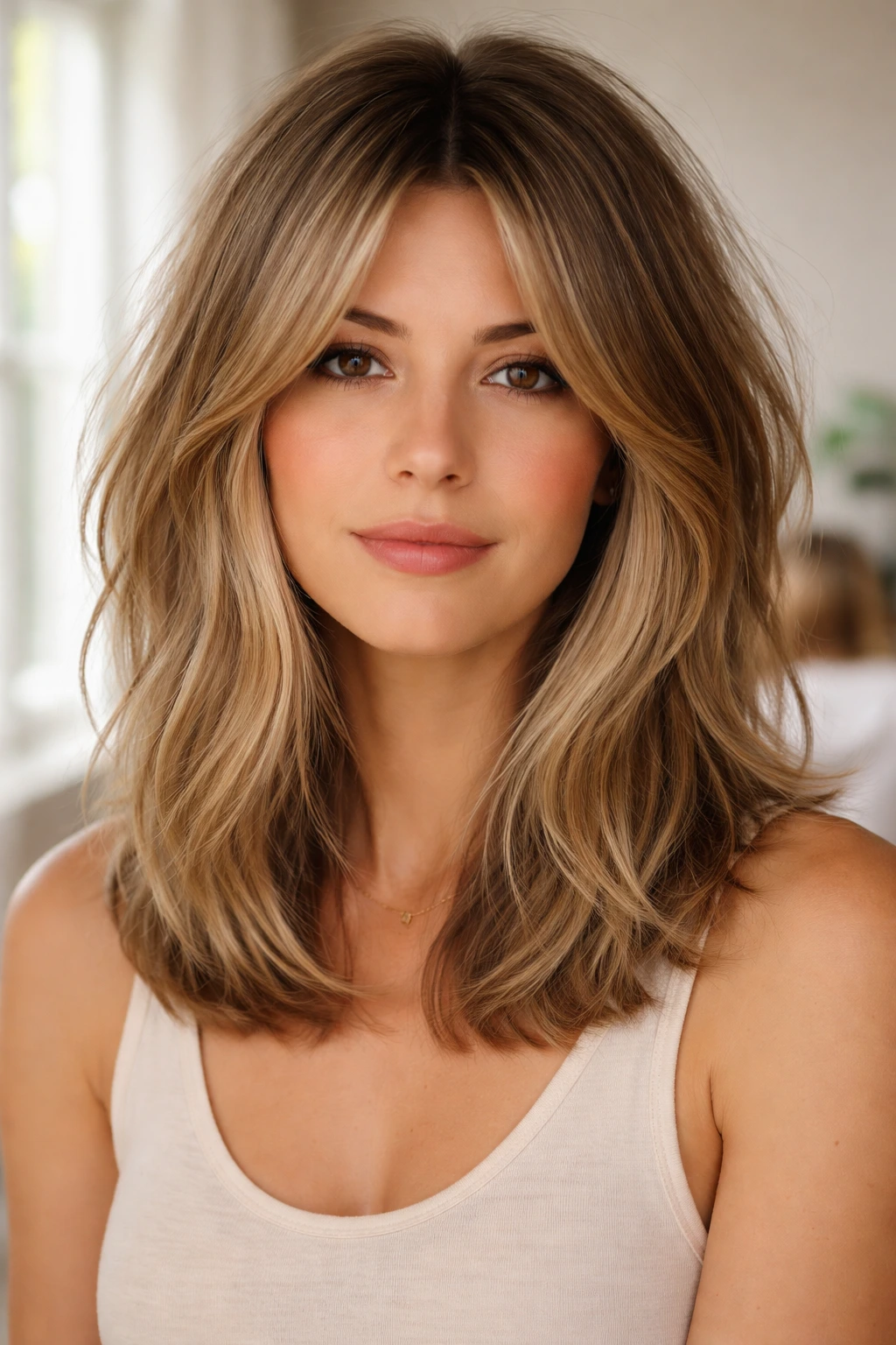 Portrait of a real person with curtain-bang lob showing soft frame around the face