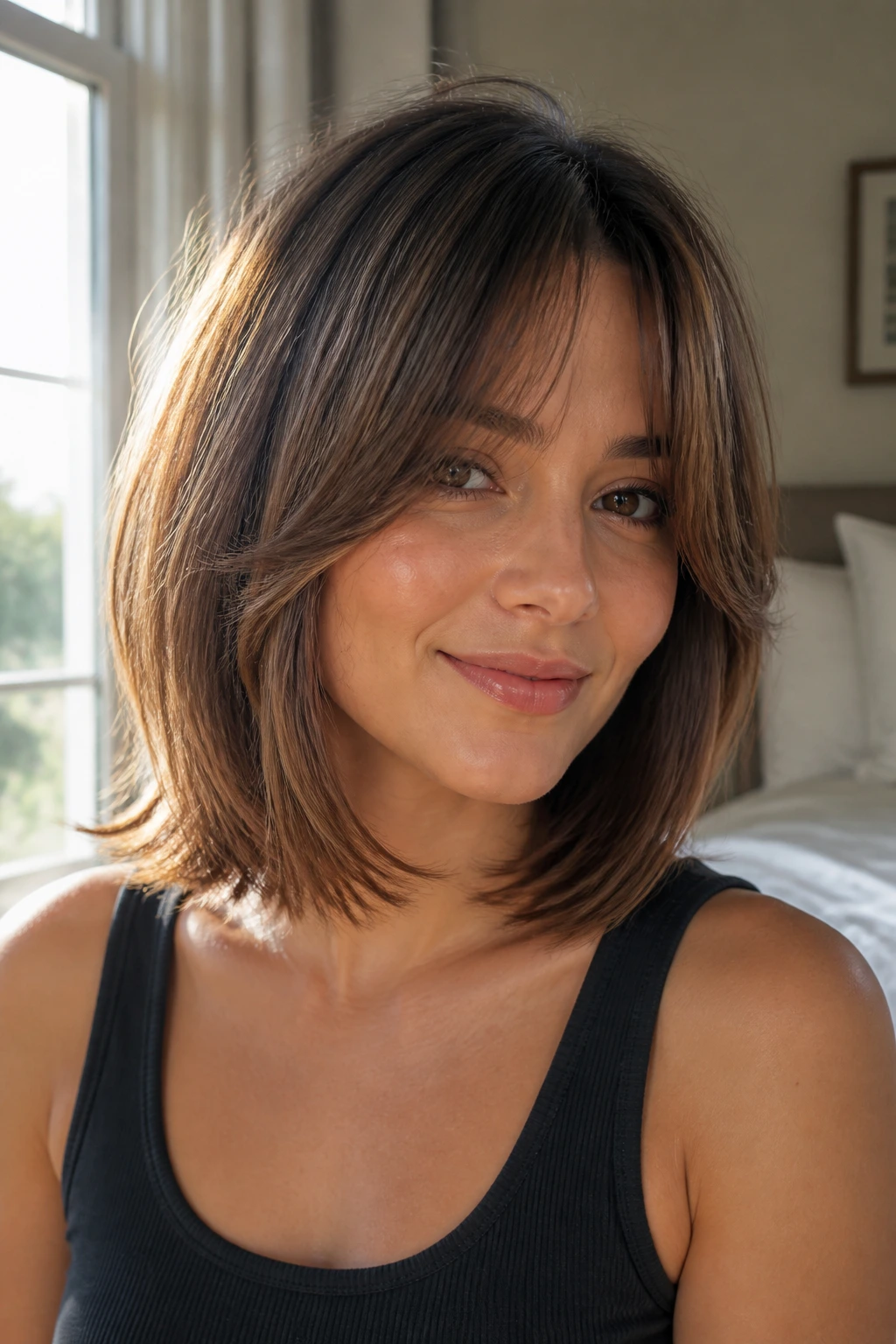 Close-up of curtain-bang lob hairstyle with face-framing layers on a real person in natural window light