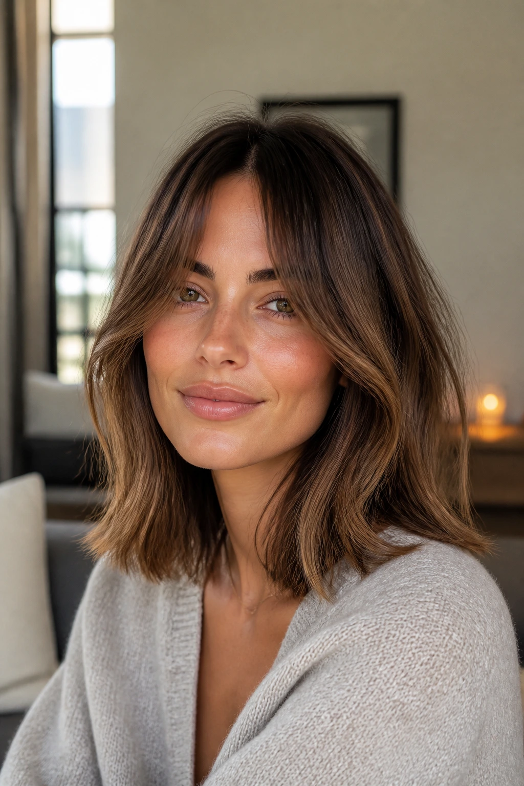 Real woman with curtain bangs lob, center-part and front pieces framing the face.