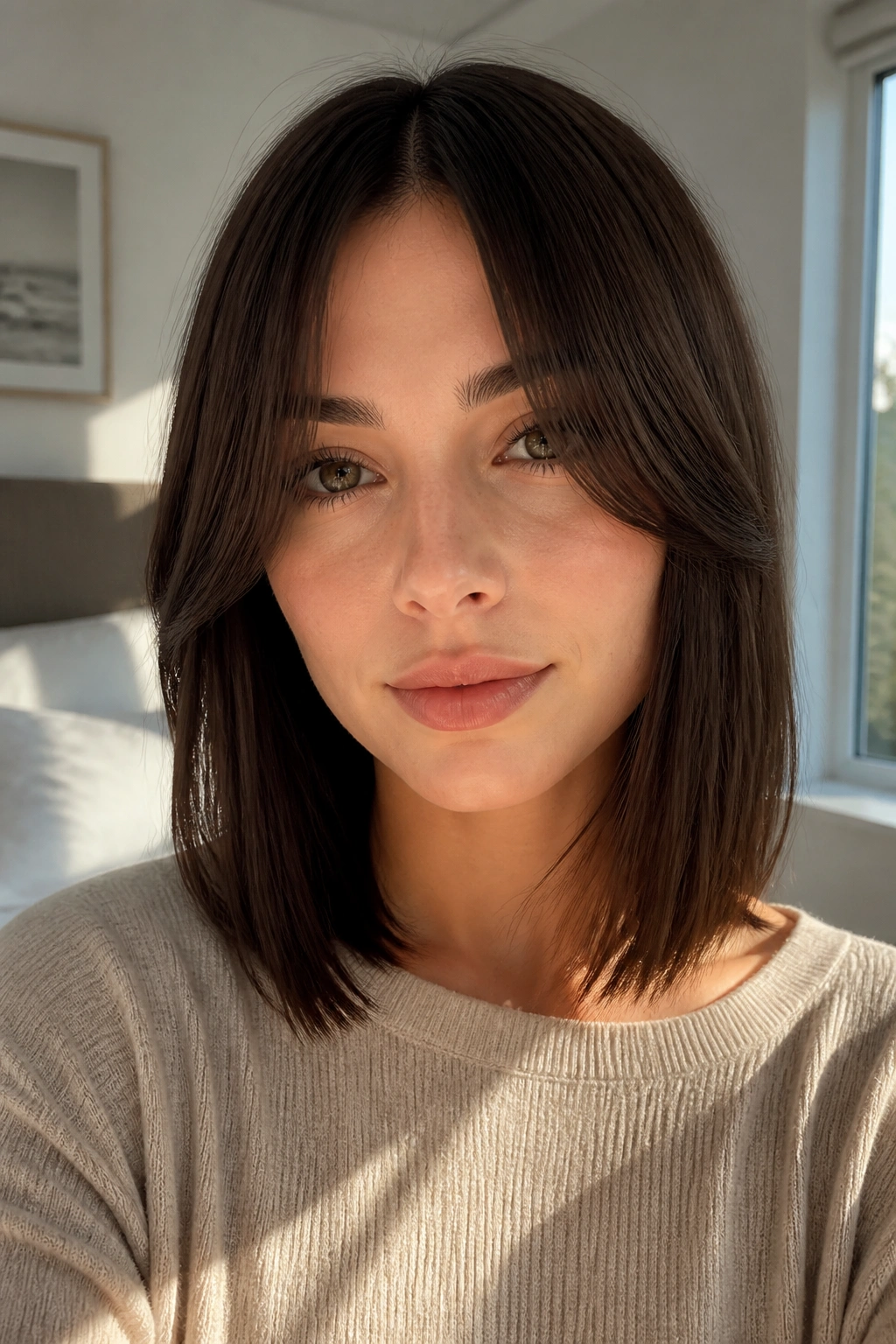 Close-up of a real woman with curtain bangs and straight lob in natural window light