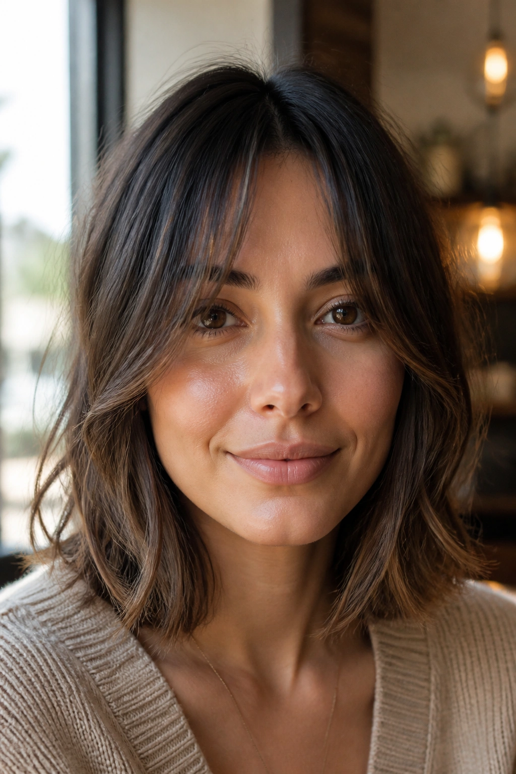 Close-up portrait of a real woman with curtain bangs and lob