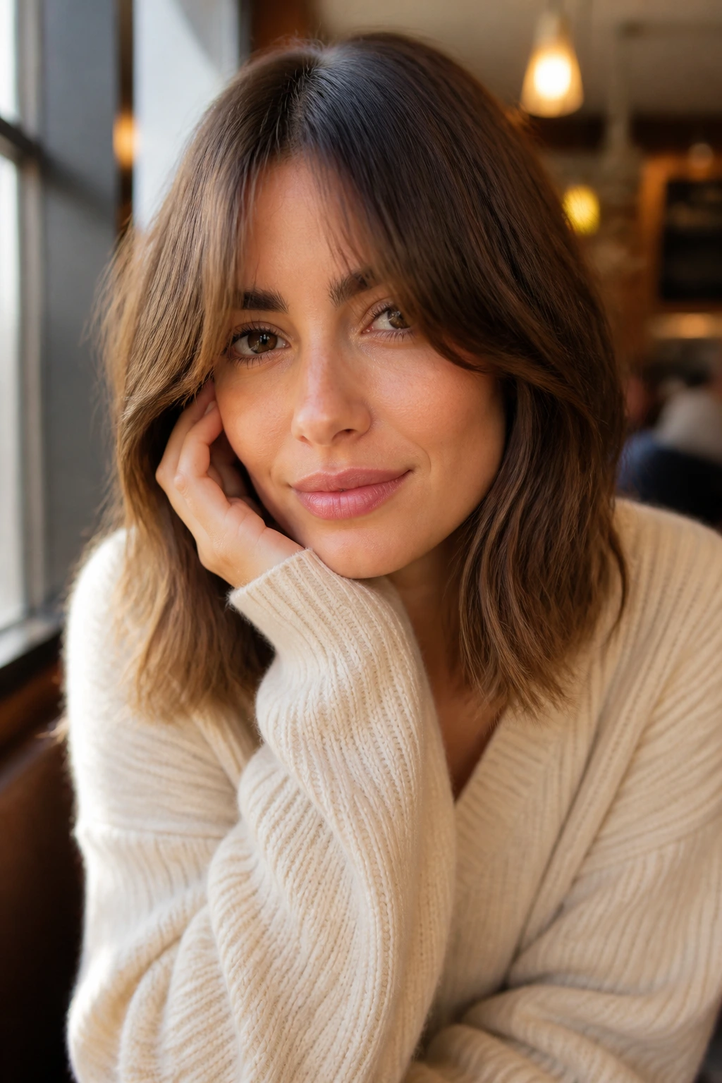 Real woman with curtain bangs lob showing center-parted bangs and blended length