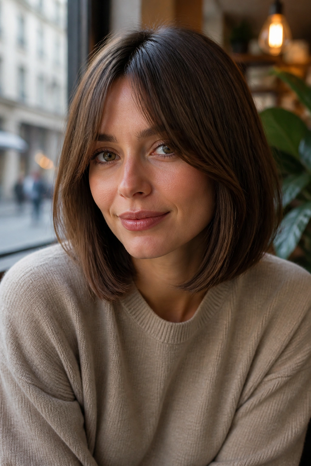 Close-up of a real woman wearing a curtain-bang lob framing the cheeks.