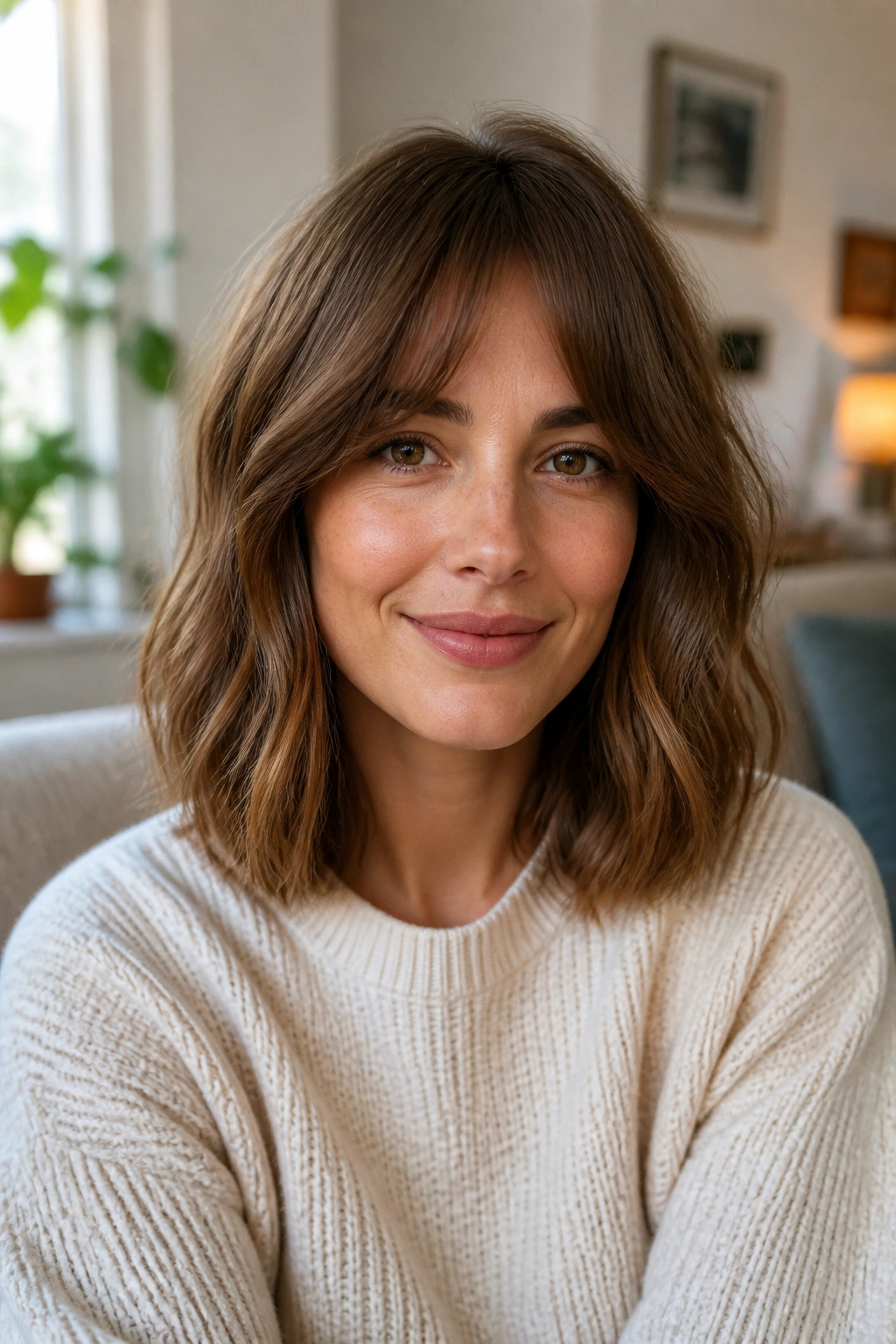 Real woman with curtain bangs and lob in diffused daylight