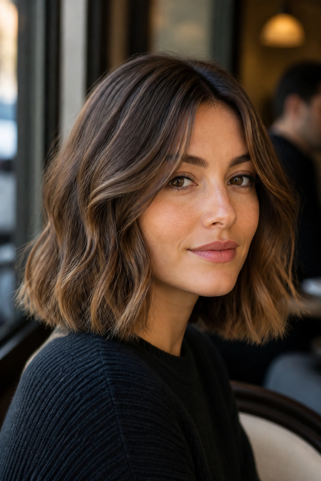 Close-up of a real woman with Curtain-Bang Lob for Wavy Hair and soft curtain bangs