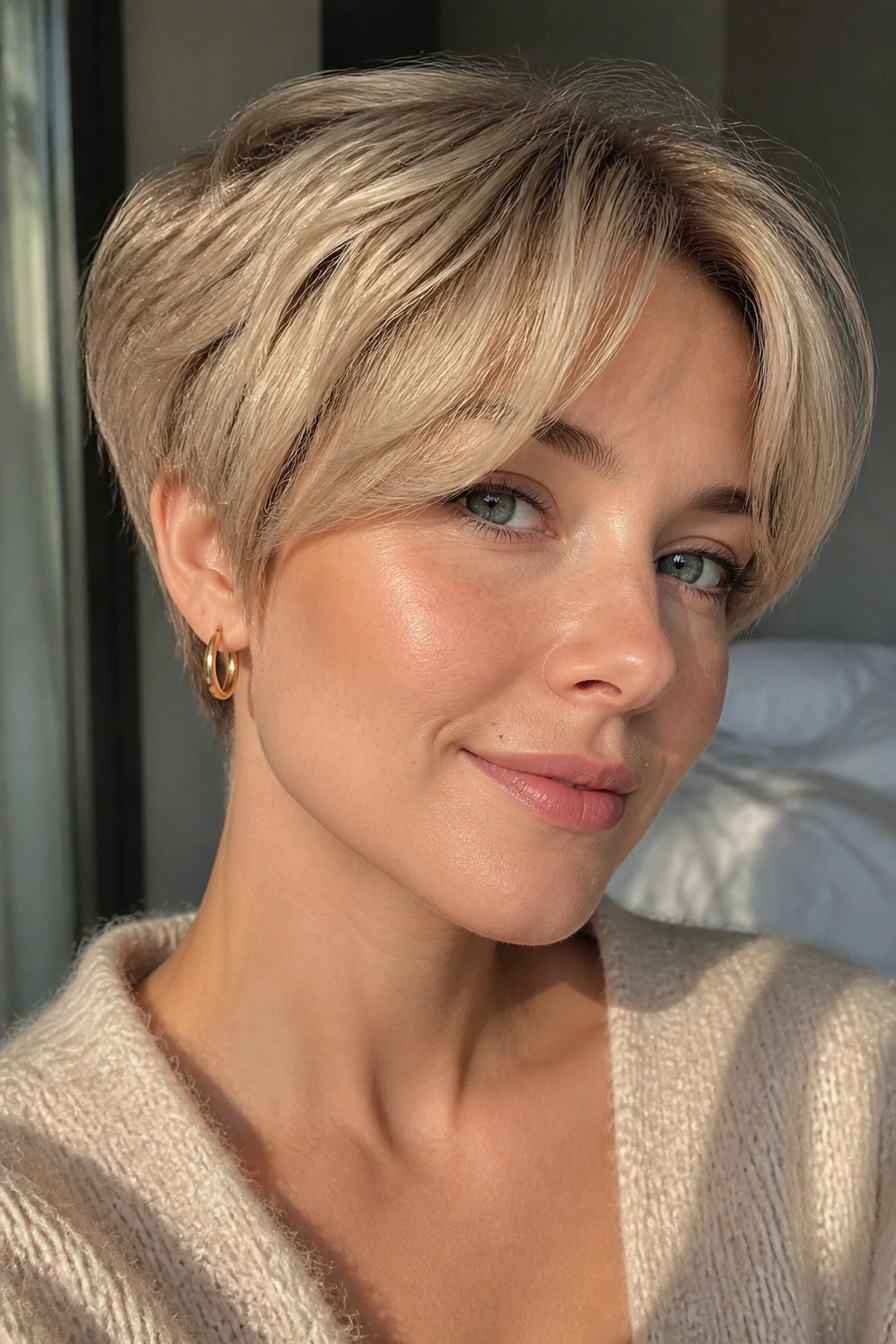 Close-up portrait of a real woman with curtain-bang beige blond pixie hairstyle.