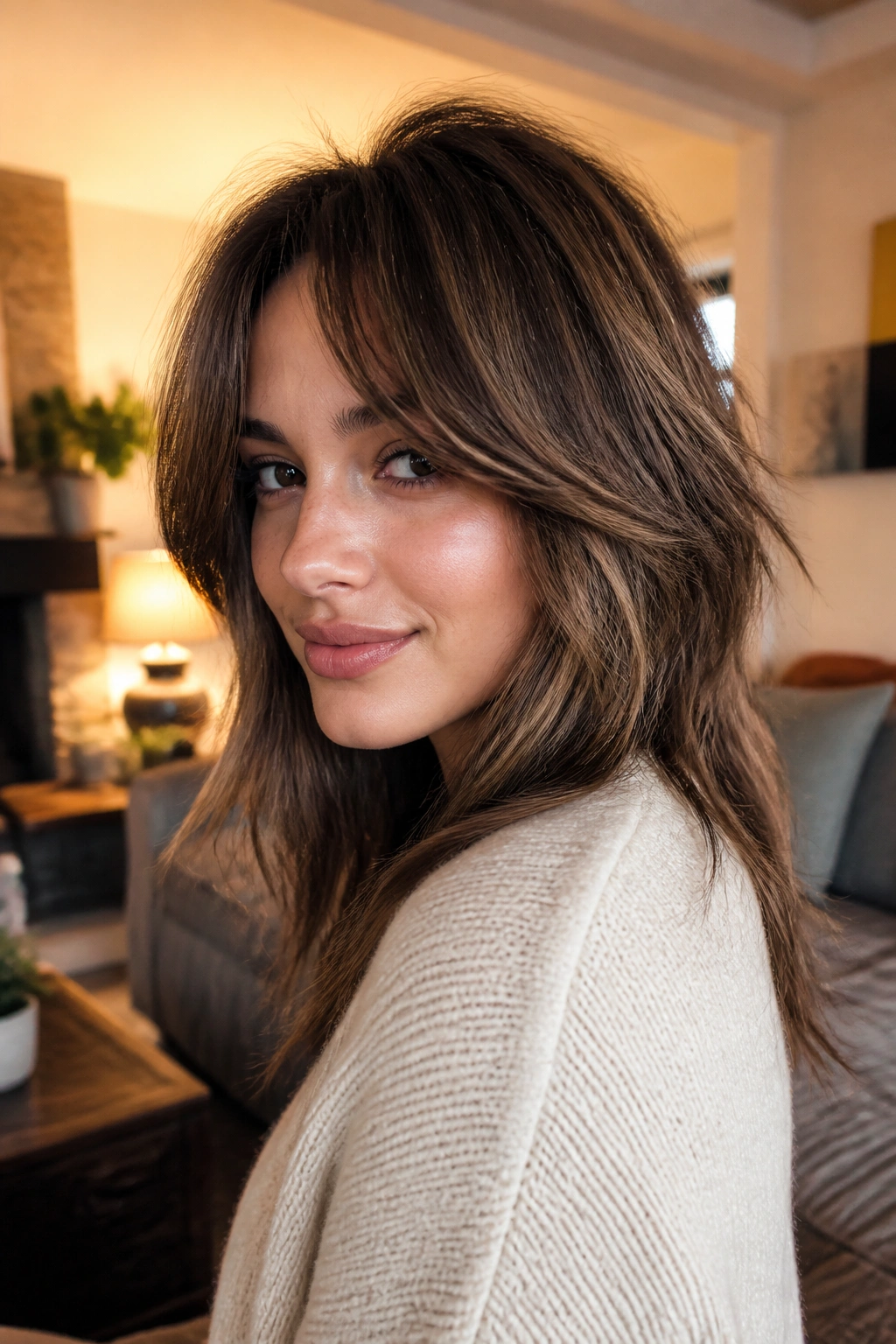 Close-up of real woman with curtain bangs and soft face framing in warm room lighting