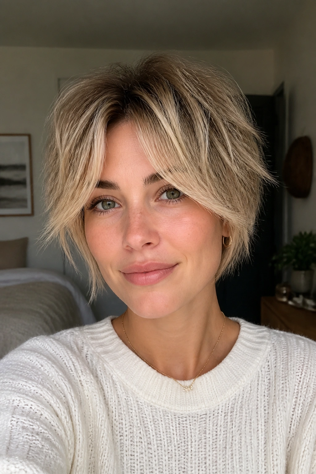 Close-up of real woman with curtain-bang shag crop blonde