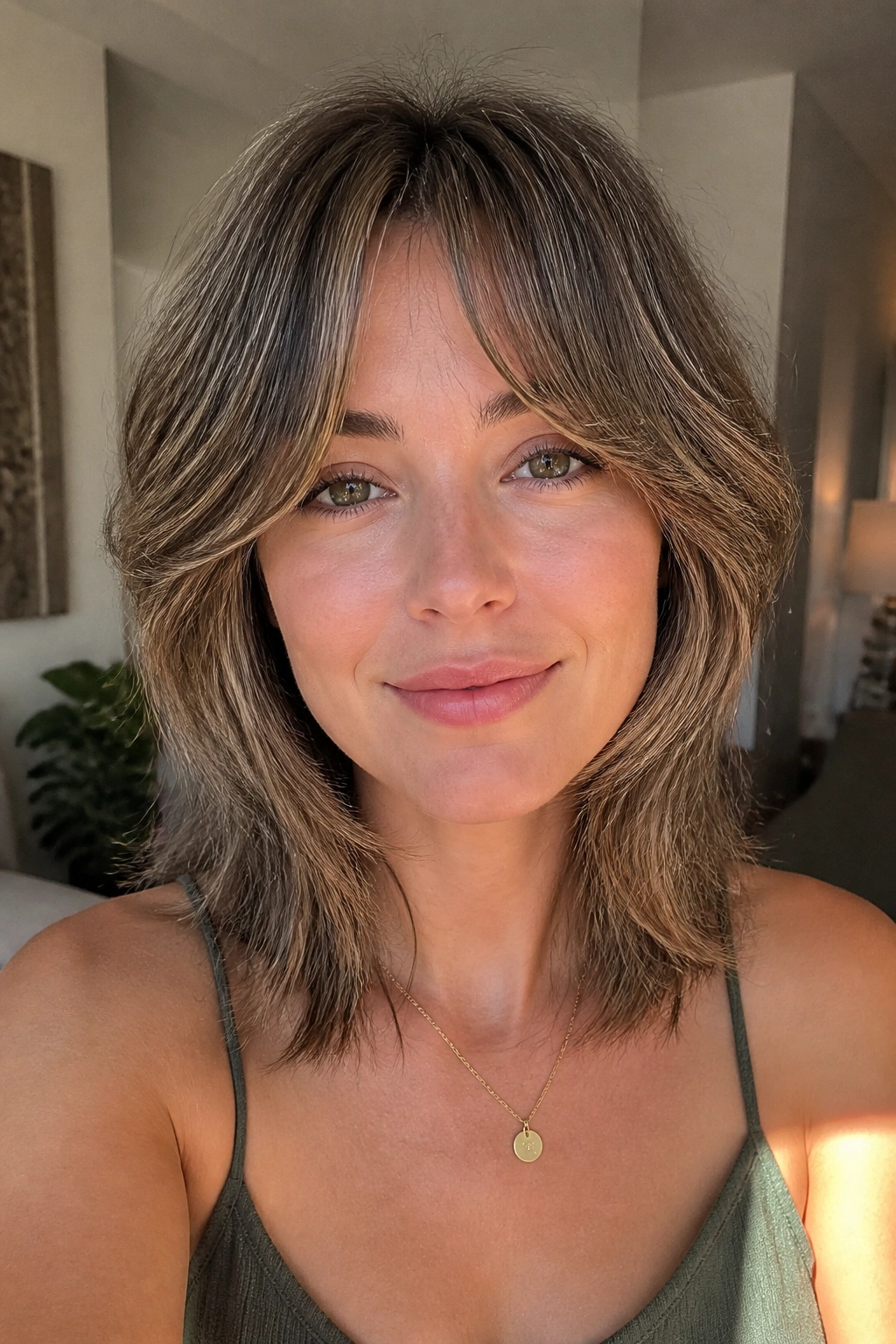 Real woman with curtain bangs and soft face-frame shag in sunny living room