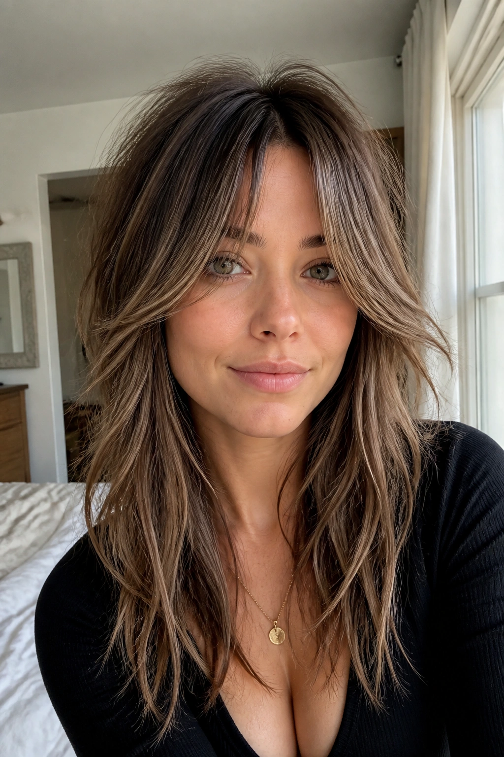 Close-up portrait of a real woman with curtain bangs and long face-framing layers in sunlit bedroom