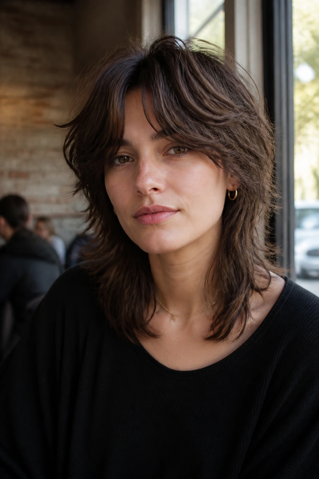 Close-up portrait of a real person with curtain bang shag mullet in cafe daylight