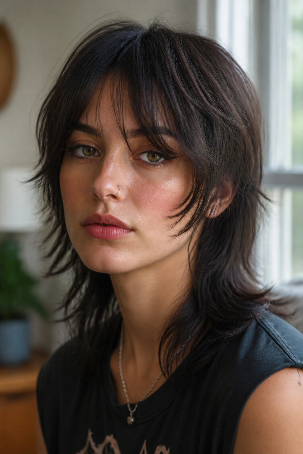 Close-up of real person with curtain-bang shag mullet in a natural living room setting