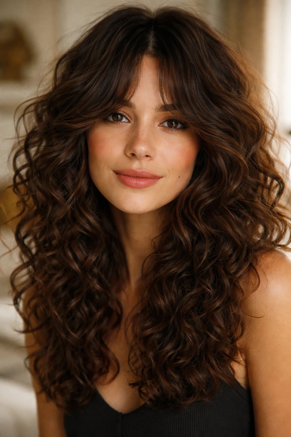 Real person with curtain bang shag close-up portrait