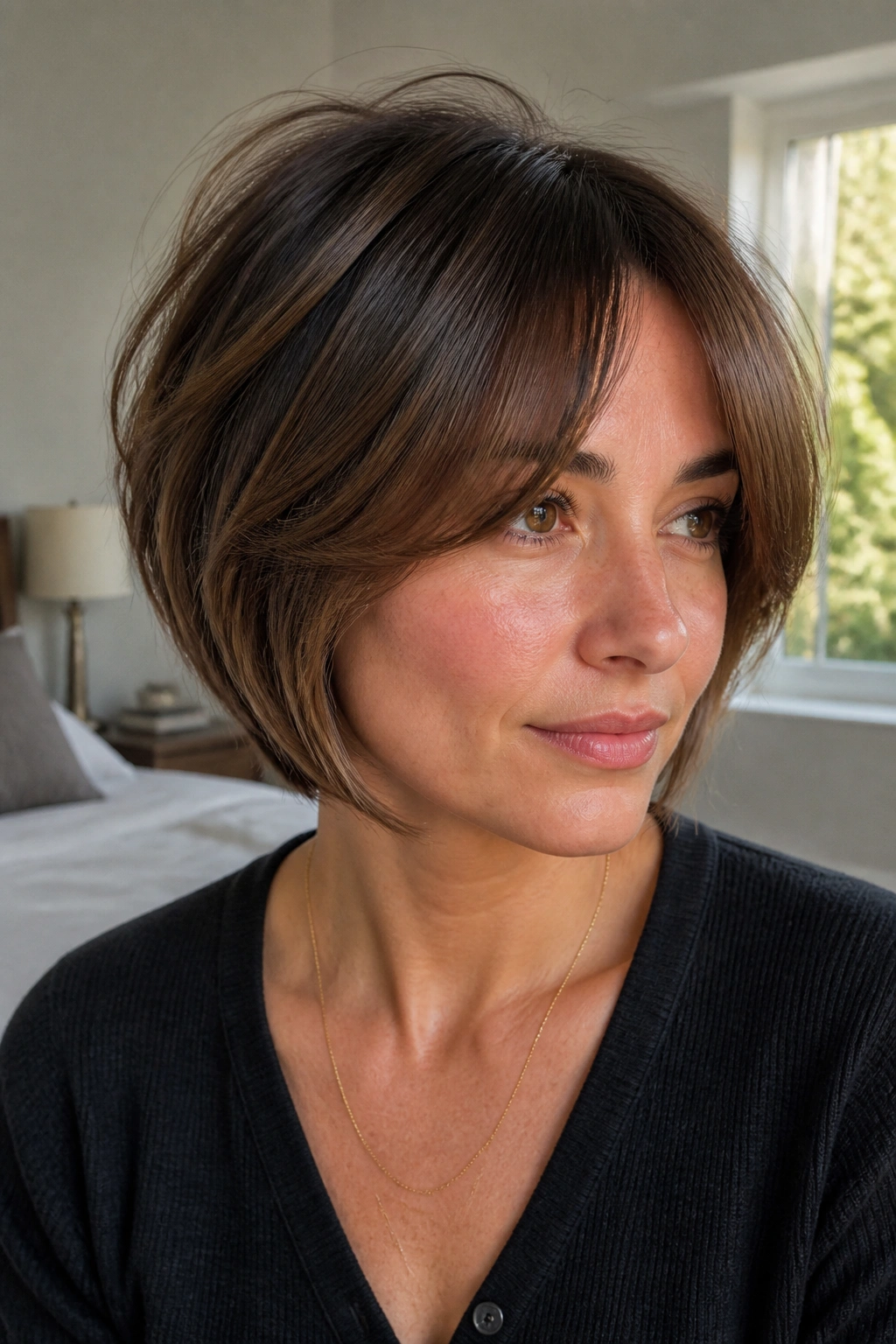 Close-up portrait of a real woman with Curtain Bang Stack hairstyle.