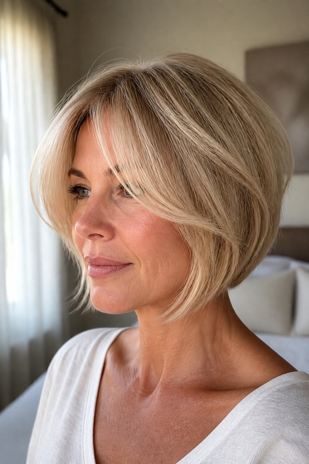 Close-up portrait of a real woman with curtain bangs blended into a stacked bob
