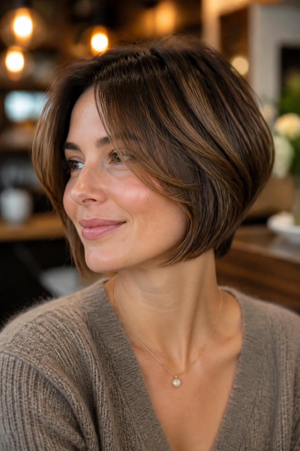 Close-up of a real woman with curtain bangs paired with a stacked bob.