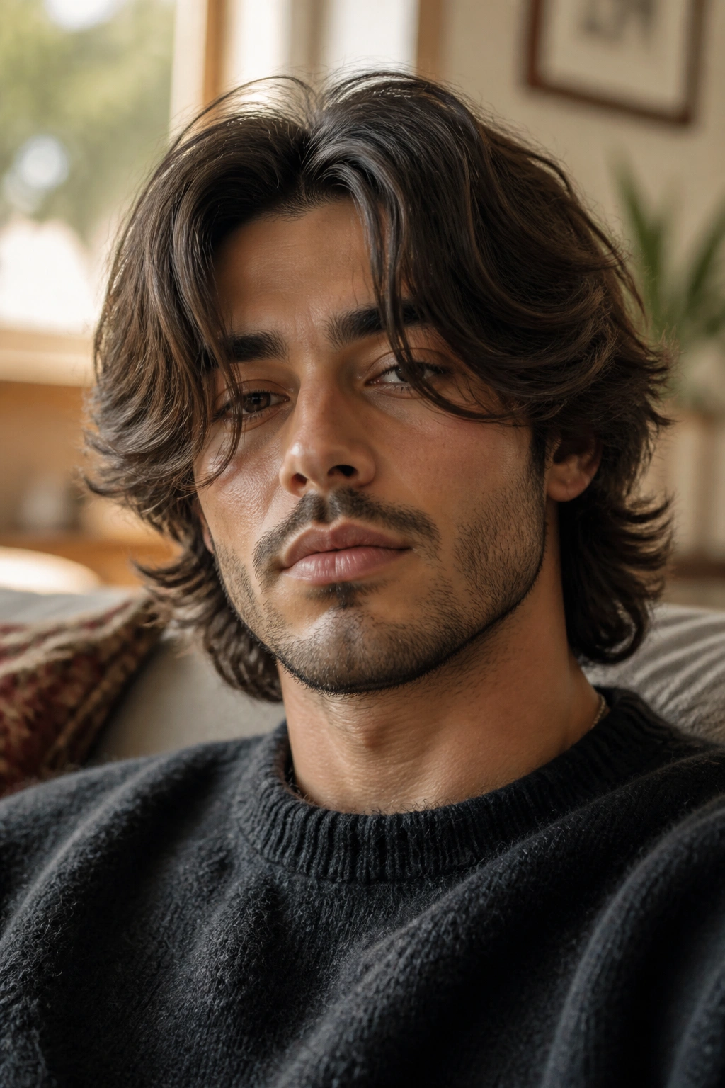 Close-up of a man with curtain bang wolf cut in a cozy living room.