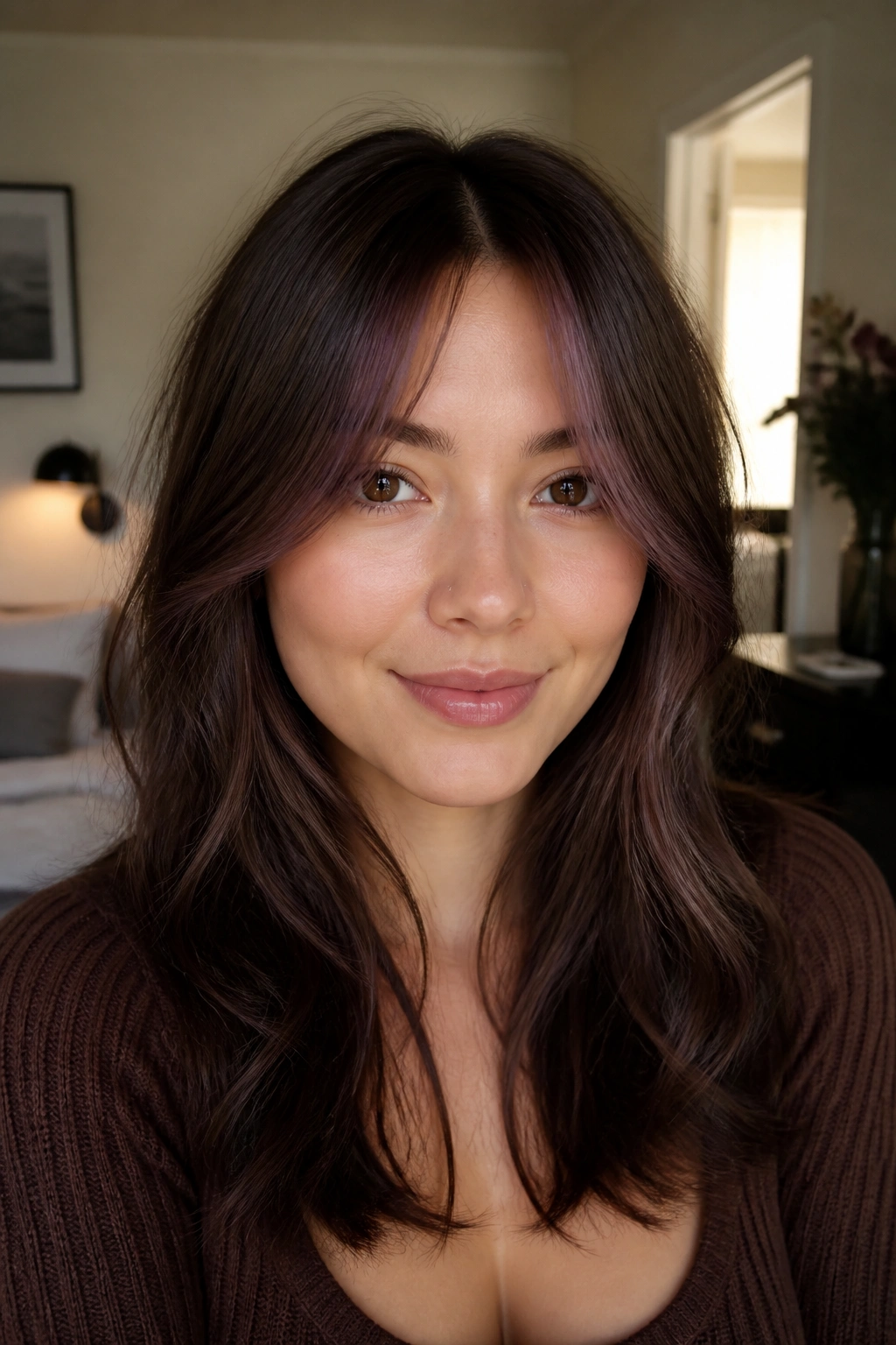 Front portrait of a woman with curtain bangs and purple brown accent lights