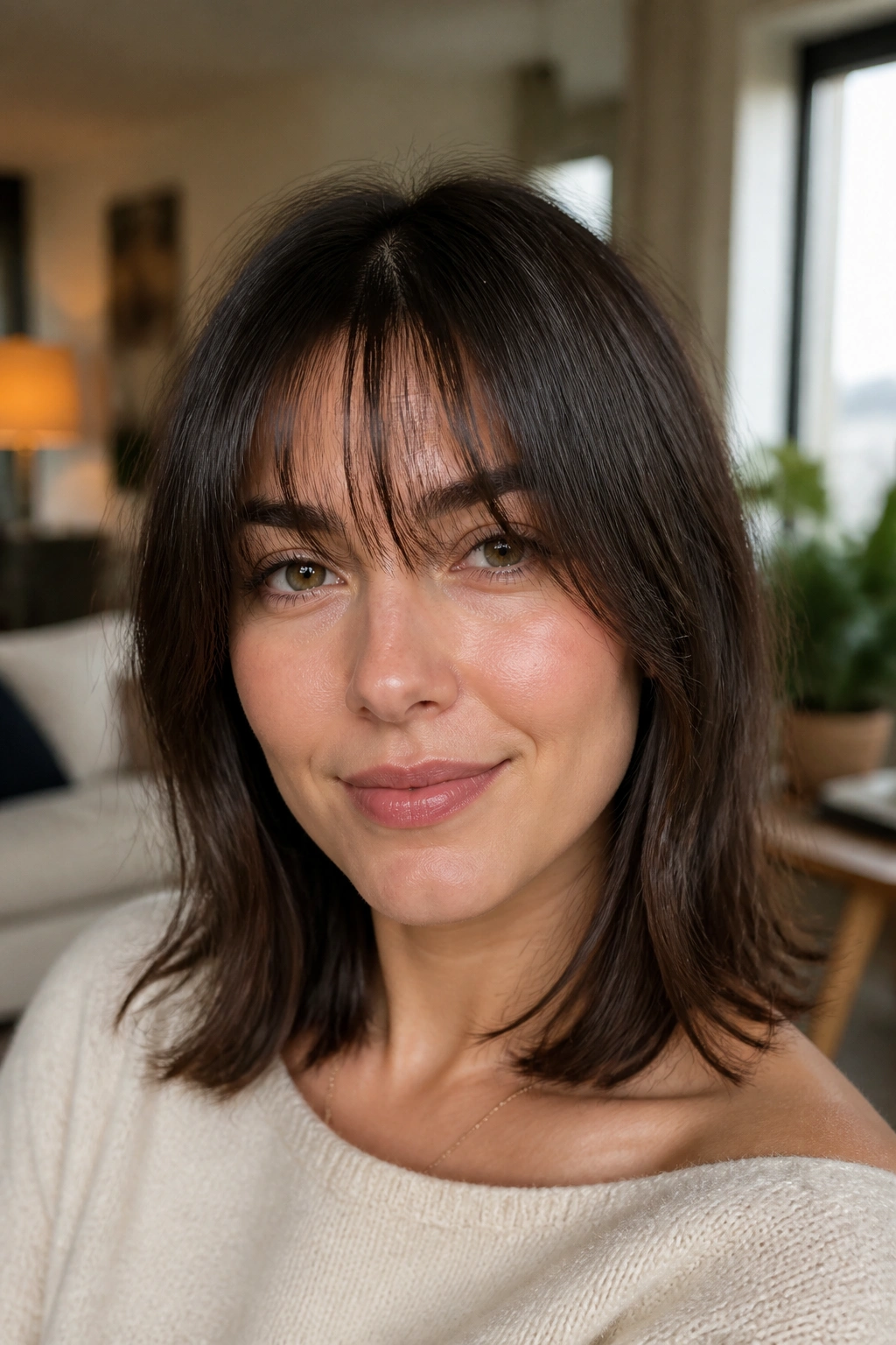Close-up portrait of a real person with airy brow-grazing curtain bangs