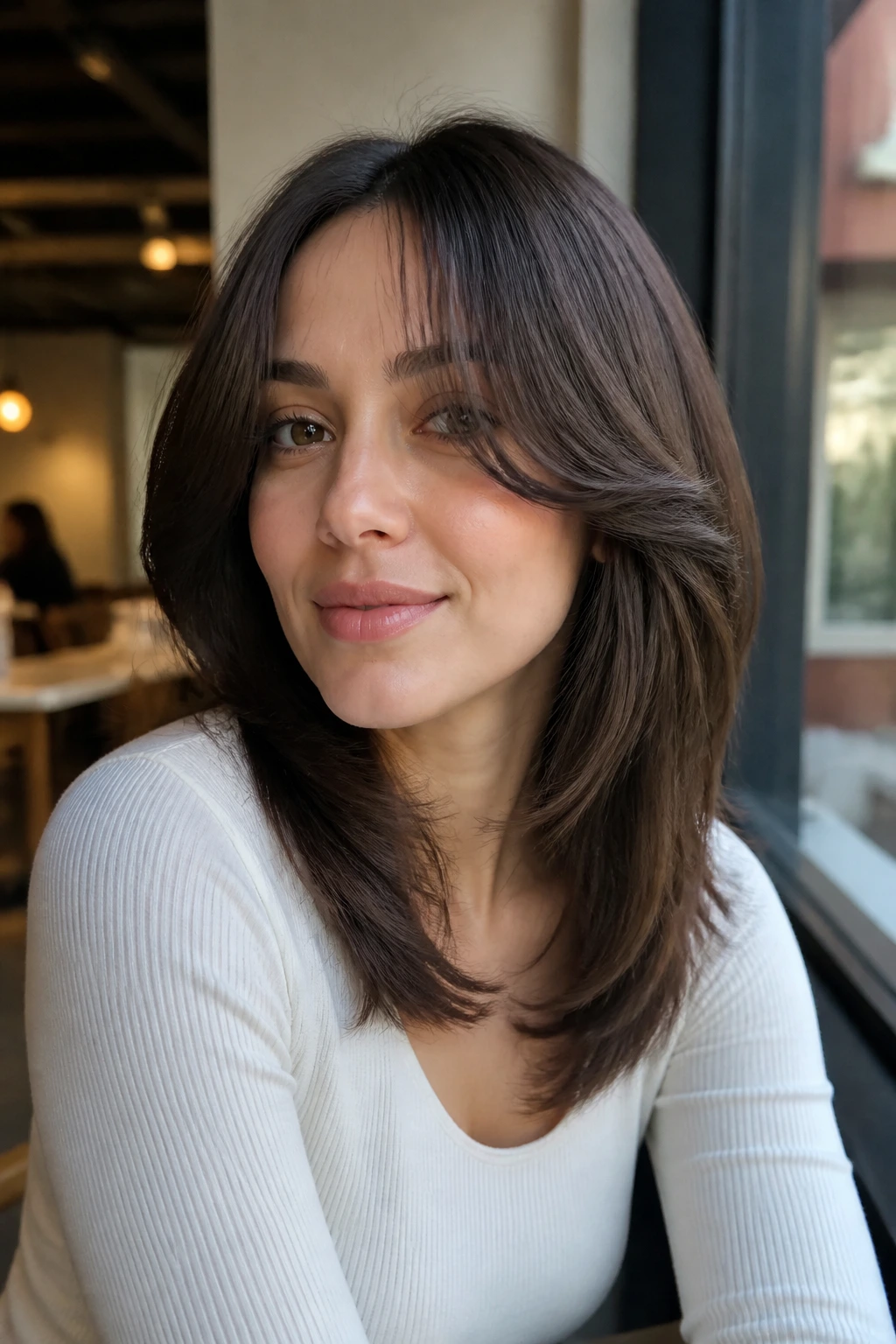 Portrait of a real woman with curtain bangs and airy layers