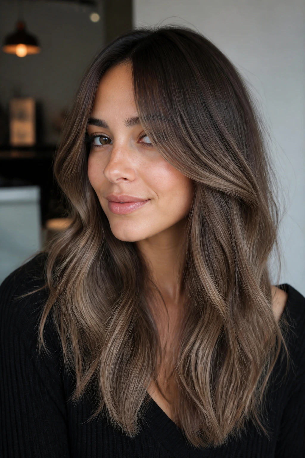 Portrait of a woman with curtain bangs and ash brown balayage root melt