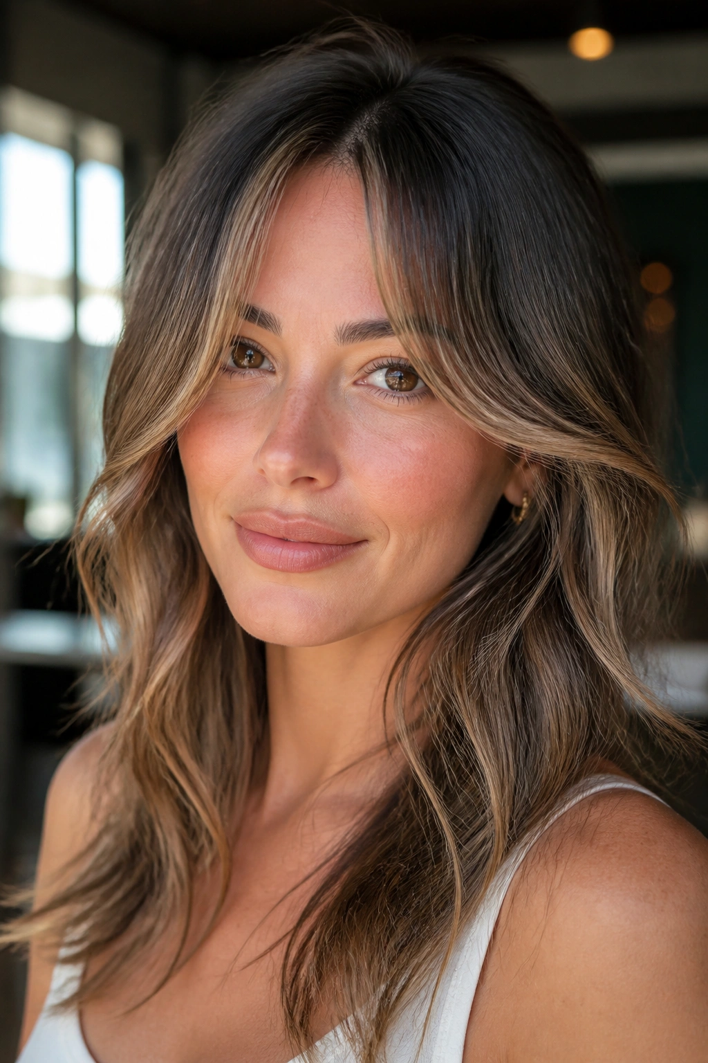 Close-up of a real woman with curtain bangs and ash brown highlights split at the forehead