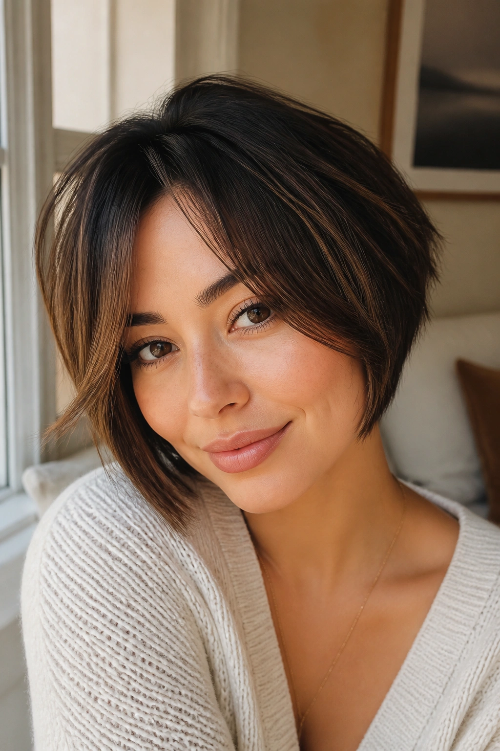 Close-up of a real woman with curtain bangs on a short asymmetrical bob