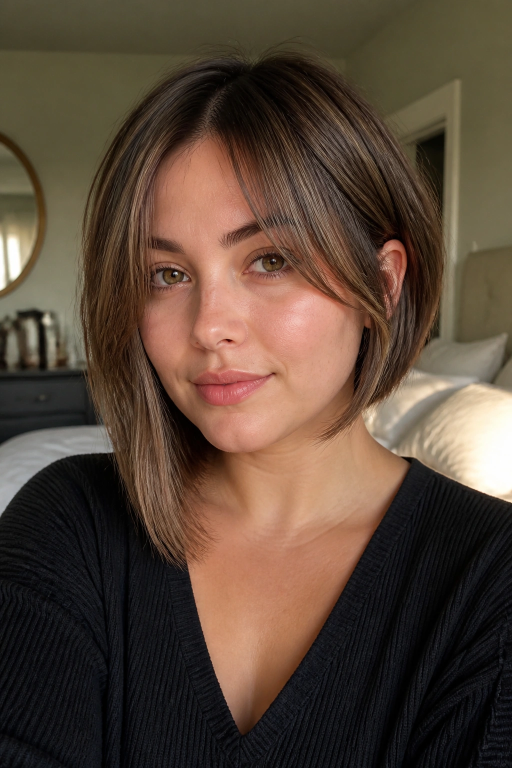 Close-up portrait of a real woman with asymmetrical bob and curtain bangs