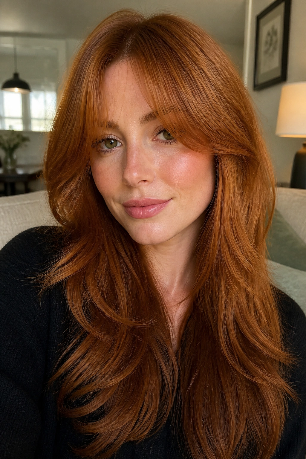 Portrait of a real woman wearing curtain bangs with long auburn layers.