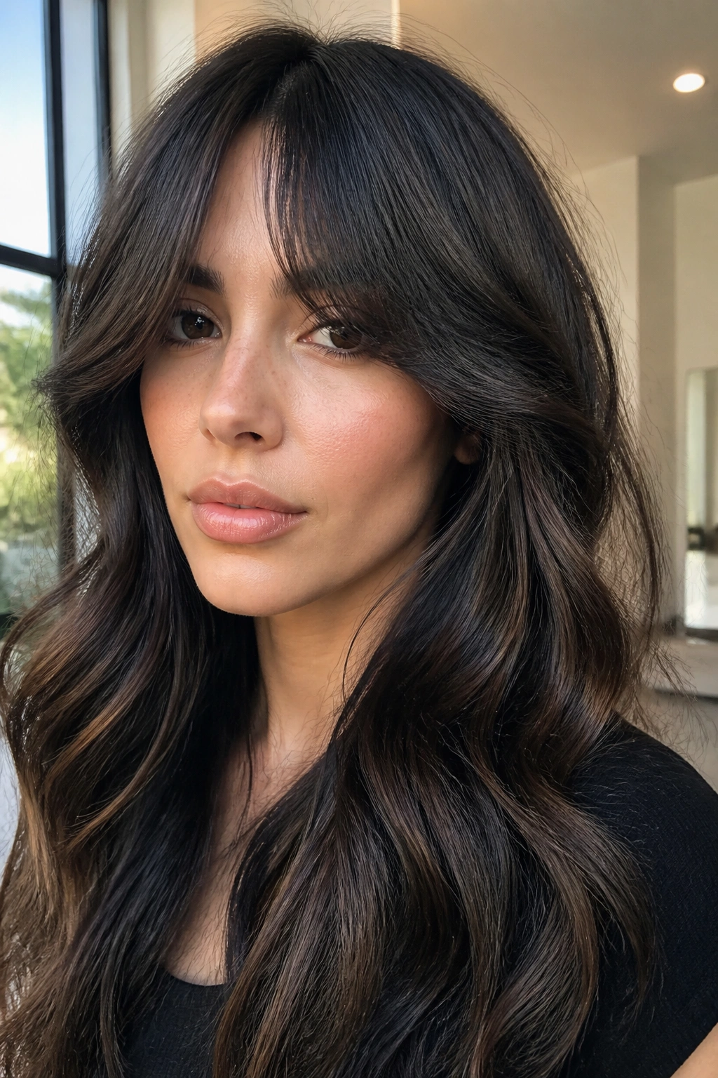 Real woman with curtain bangs and black balayage framing the eyes.