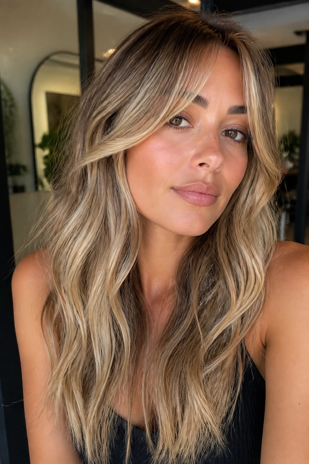 Close-up of curtain bangs with blonde balayage on a real person
