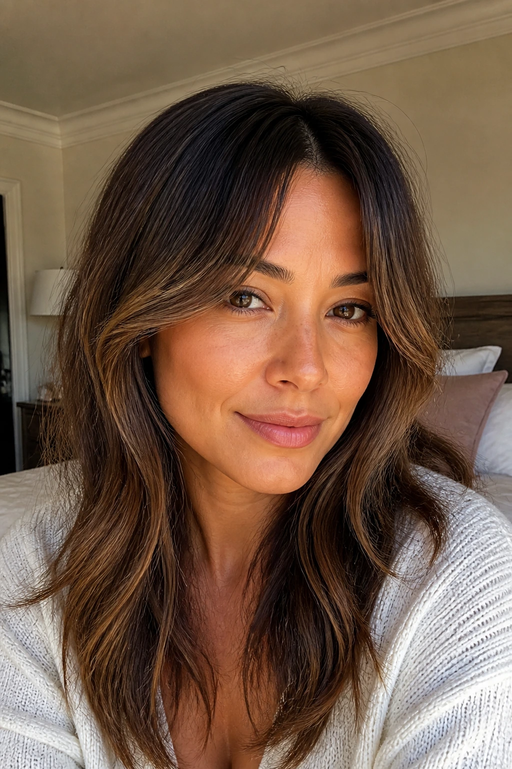 Close-up of brunette woman with grown-out curtain bangs balayage