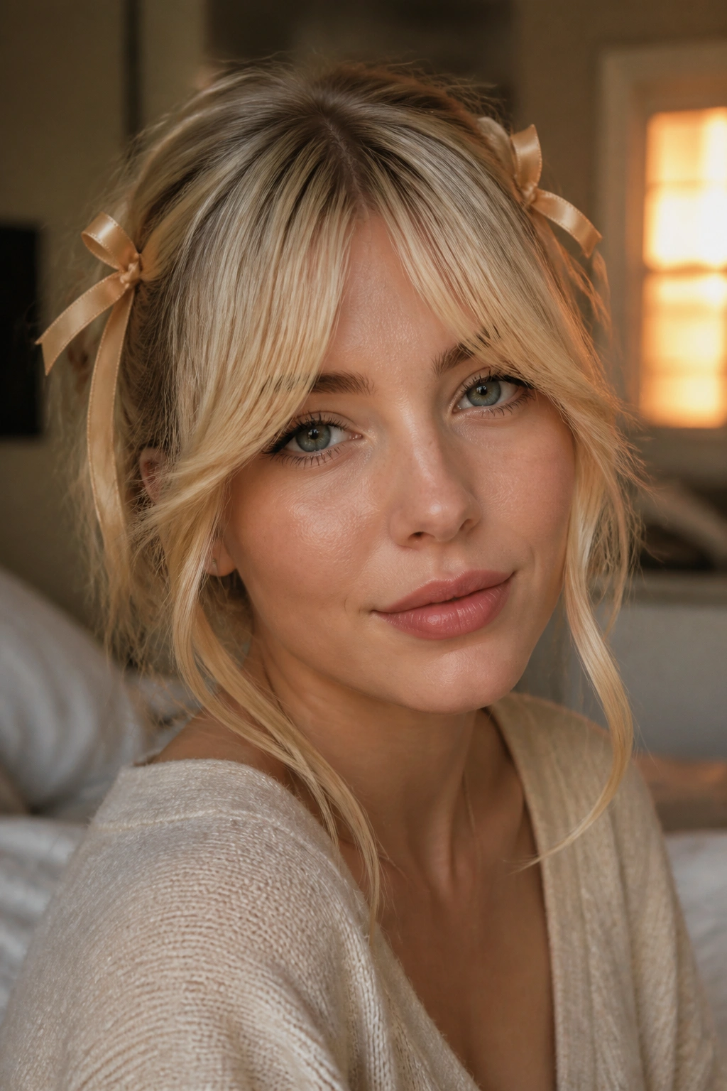 Close-up portrait of a real woman with blonde curtain bangs and beige ribbons, soft window light.