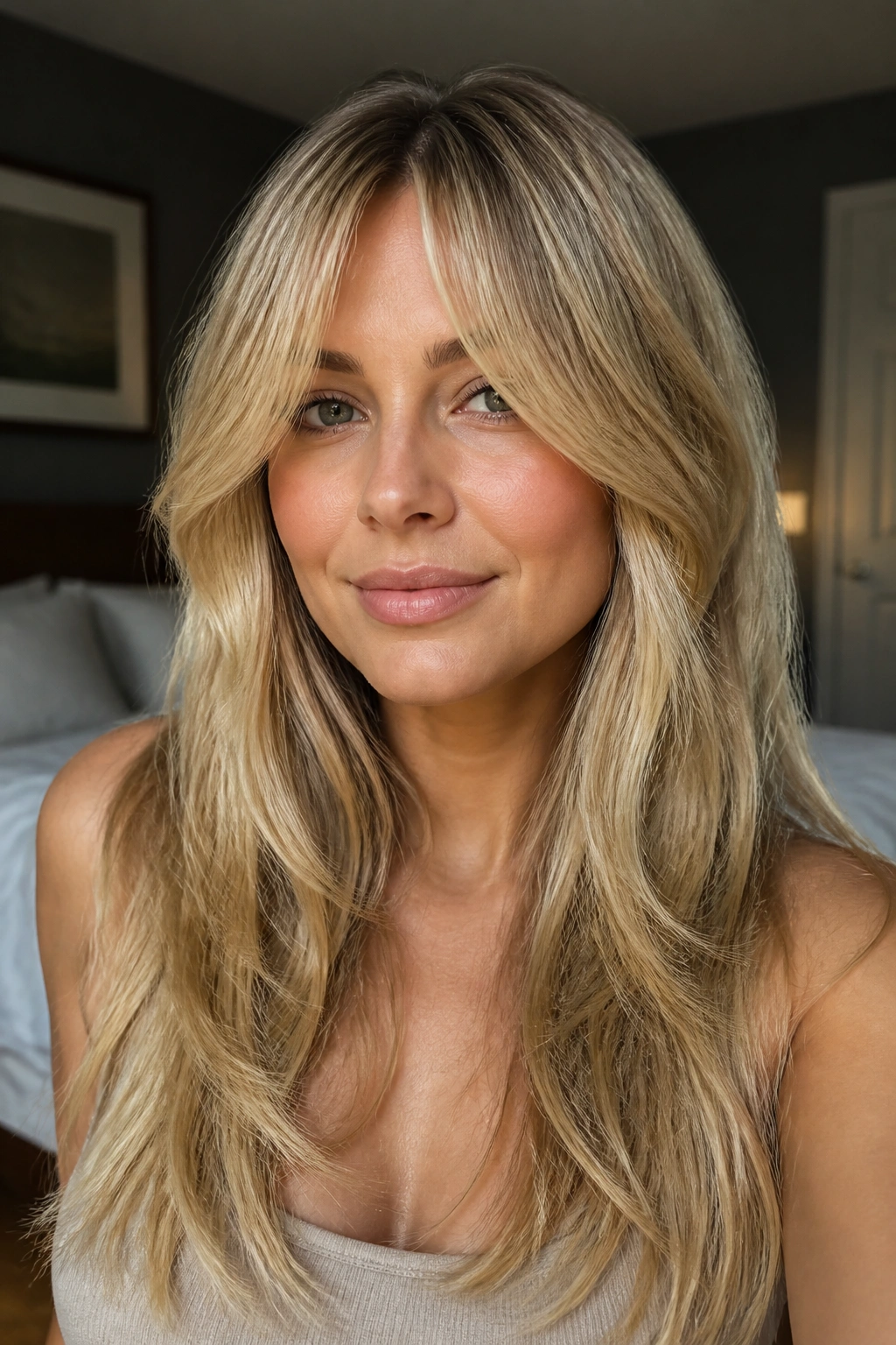 Close-up of a real woman with curtain bangs and long blonde layered hair