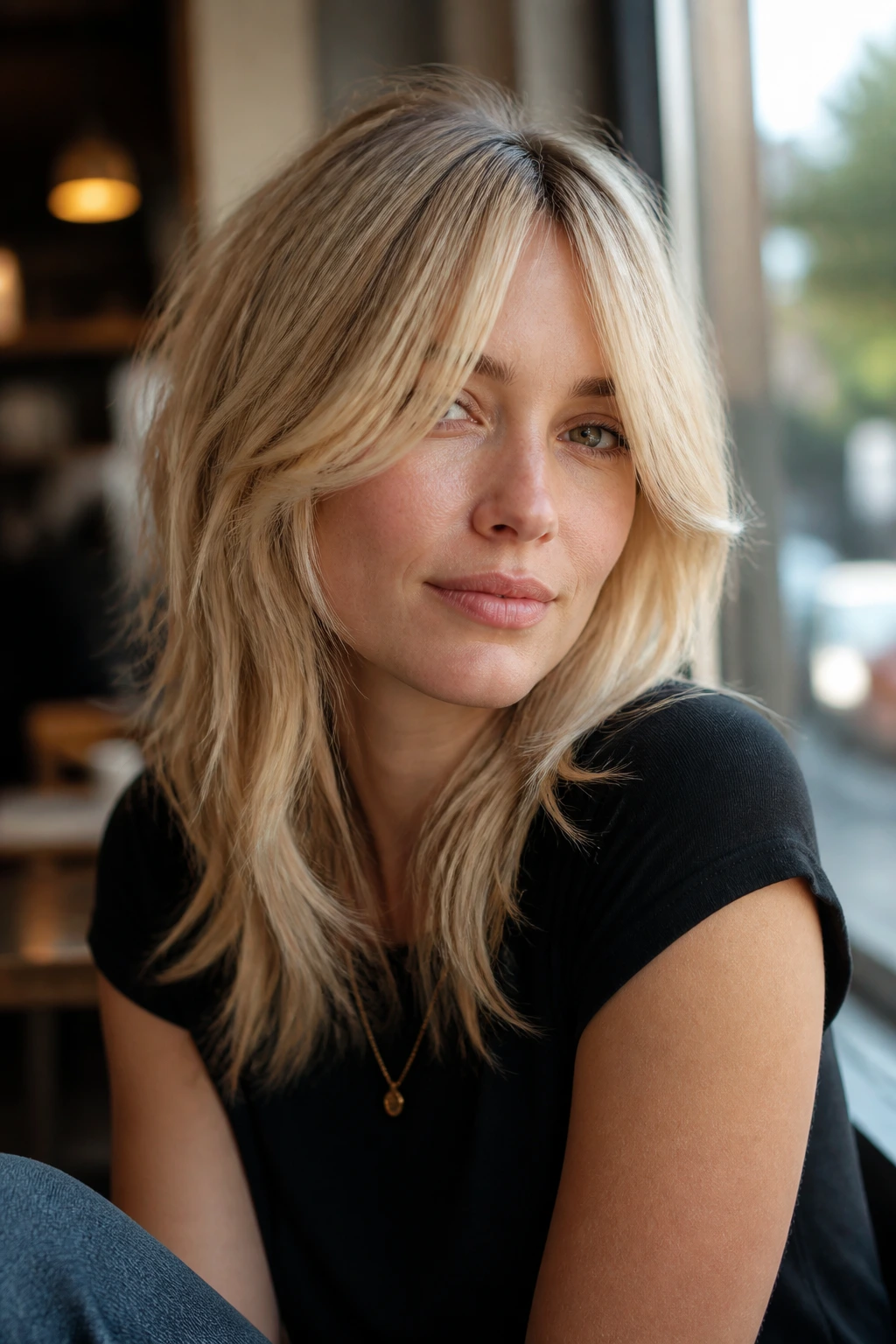 Close-up of a real woman with curtain bangs in blonde shag, bangs center-split