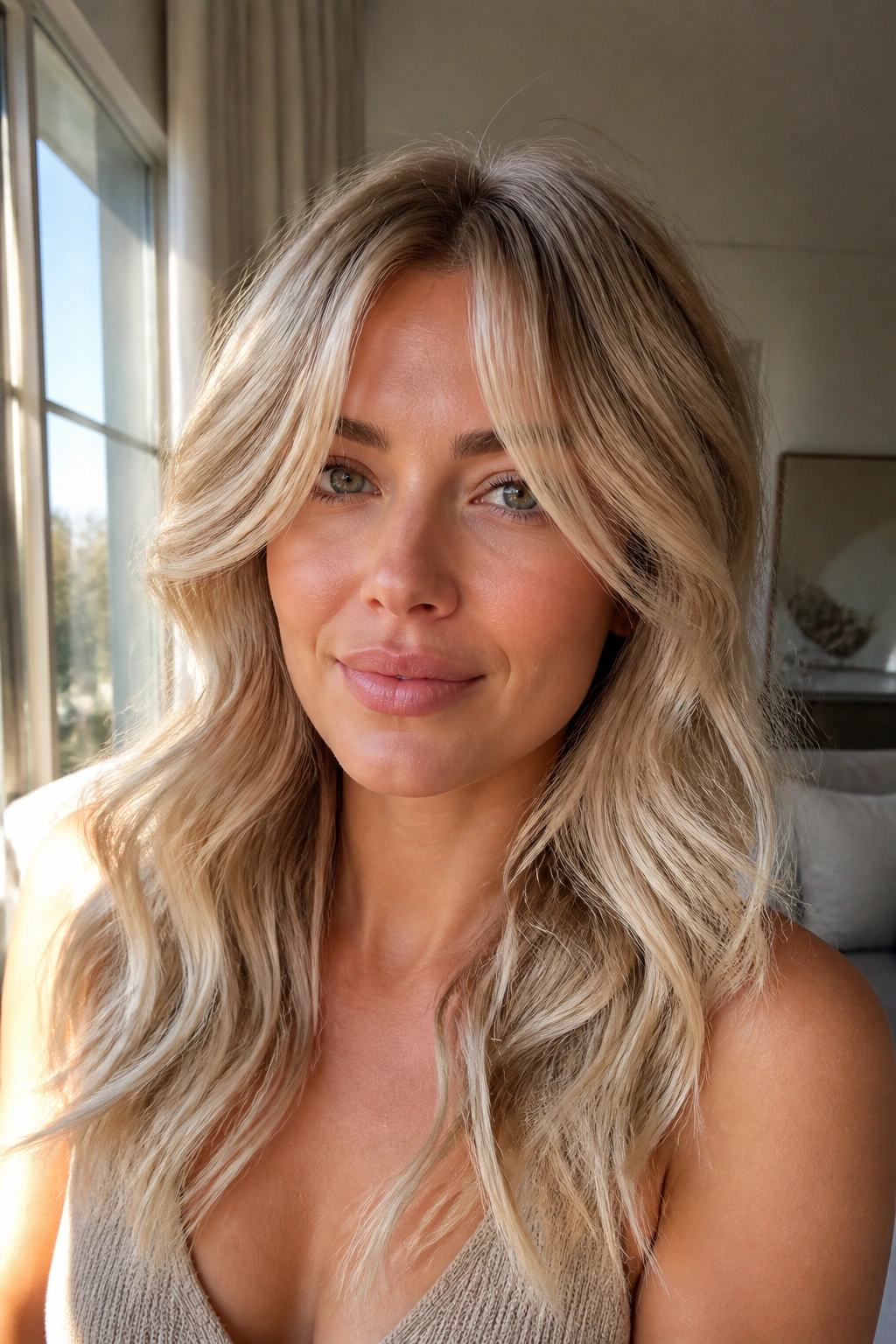 Portrait of a real woman with curtain bangs and loose blonde waves by a bright window.